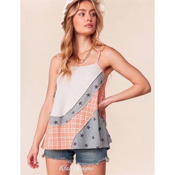❤️Tank SALE! Limited! Color Block ⭐️ Star/Plaid Print Linen Reverse Stitch Top! - Picture 4 of 7